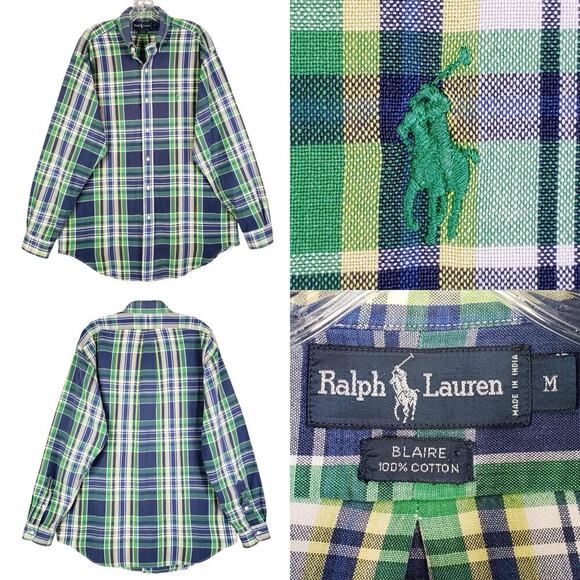 Polo Ralph Lauren Oxford Shirt Medium Green Blue Plaid LS Blaire Button Down - Picture 1 of 12